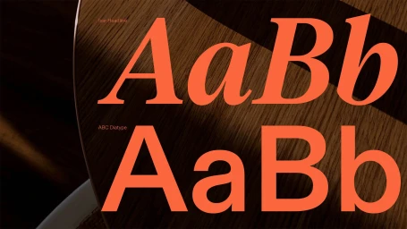 Typography samples in bright orange showing uppercase and lowercase letters Aa Bb on a wooden texture background.