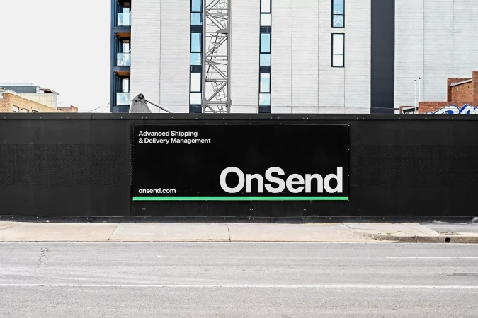 Building exterior featuring a black fence with the OnSend company logo and signage with white text and a green accent line.