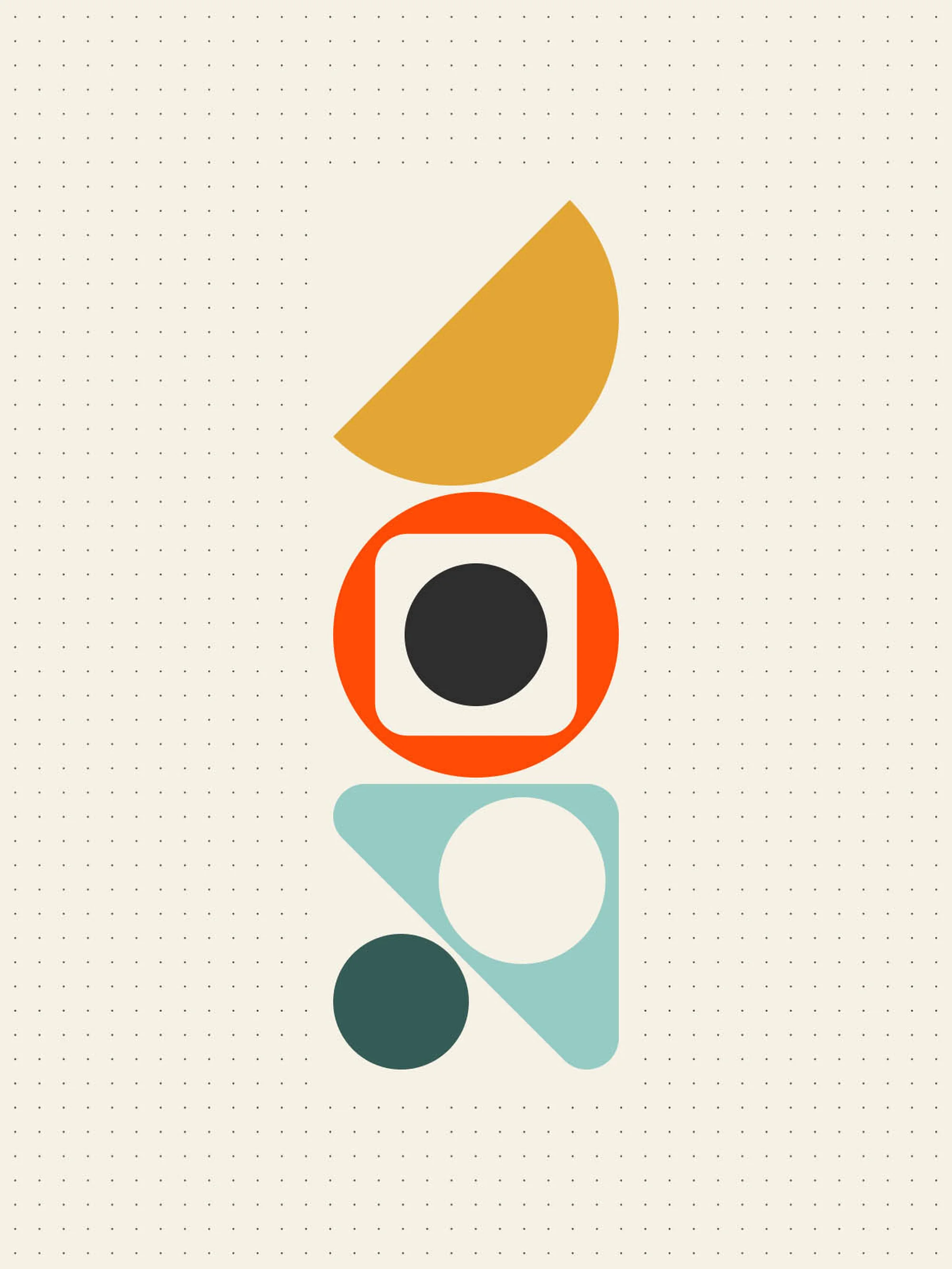 Geometric shapes in stacked composition. An illustration with circles, squares and triangles in orange, black, green, white and blue.
