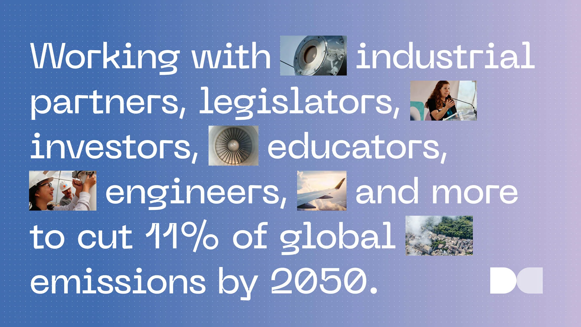 Concept image for cutting global emissions by 2050. Features industrial scenes and text overlay against a blue and purple gradient background.