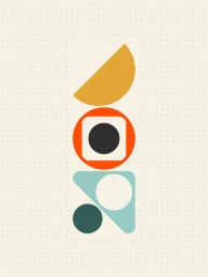 Vertical graphic design illustration featuring stacked geometric shapes including semi-circles, squares, and triangles in orange, yellow, and teal.