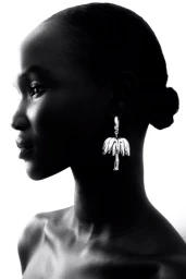 Profile silhouette of a Black model wearing a metallic palm tree earring against a bright white background