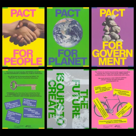 Six posters with bright color schemes feature visual and textual advocacy for people, planet, government, and a sustainable future.