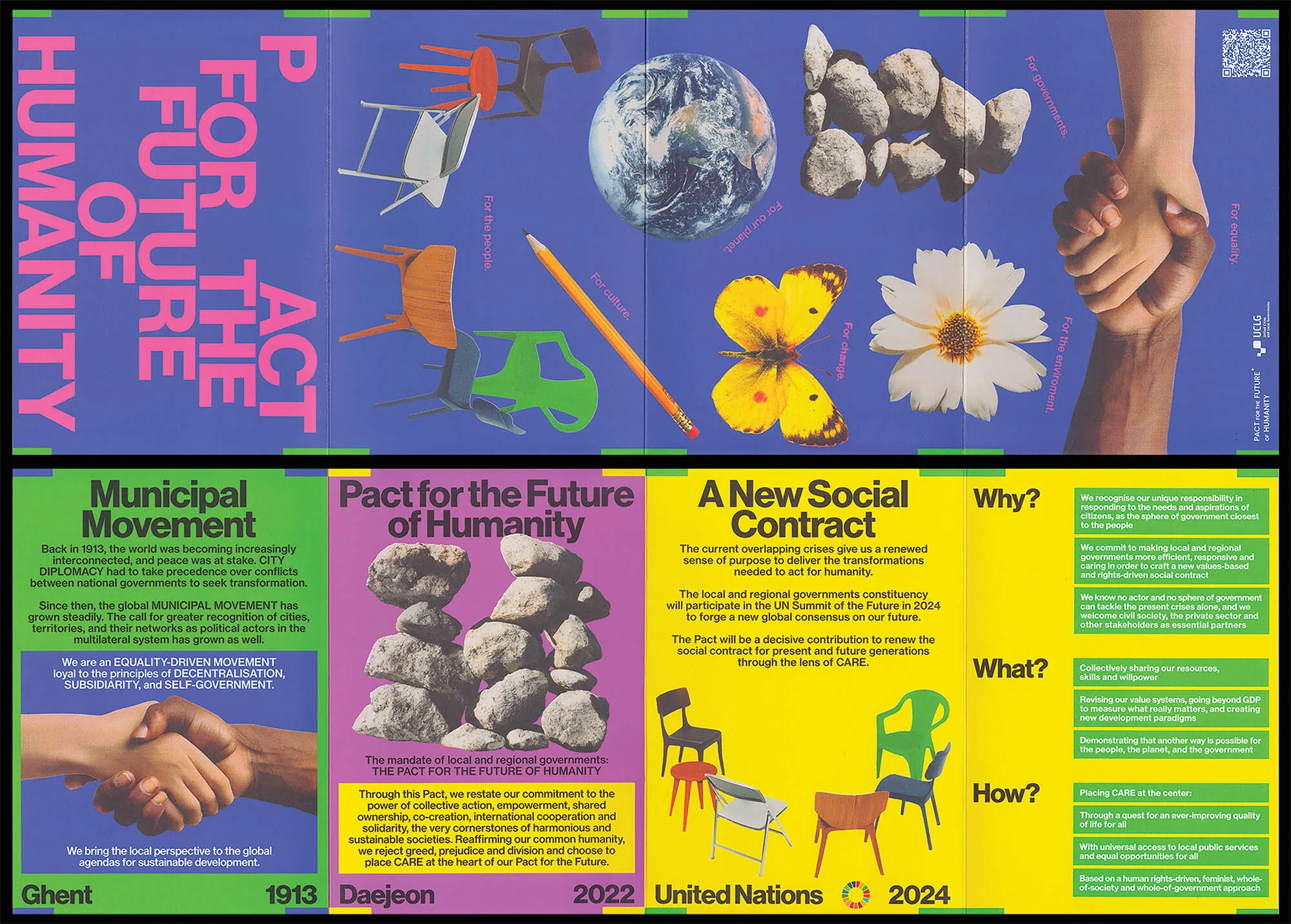 Collage featuring stacked rocks, globes, chairs, flowers, butterfly, pencil, and hands in a poster-like composition with text overlay.