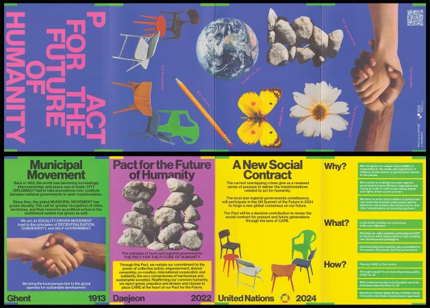 Collage featuring stacked rocks, globes, chairs, flowers, butterfly, pencil, and hands in a poster-like composition with text overlay.