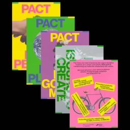 A staggered arrangement of vibrant graphic posters featuring bold typography, earth imagery, and a bicycle illustration for UCLG.