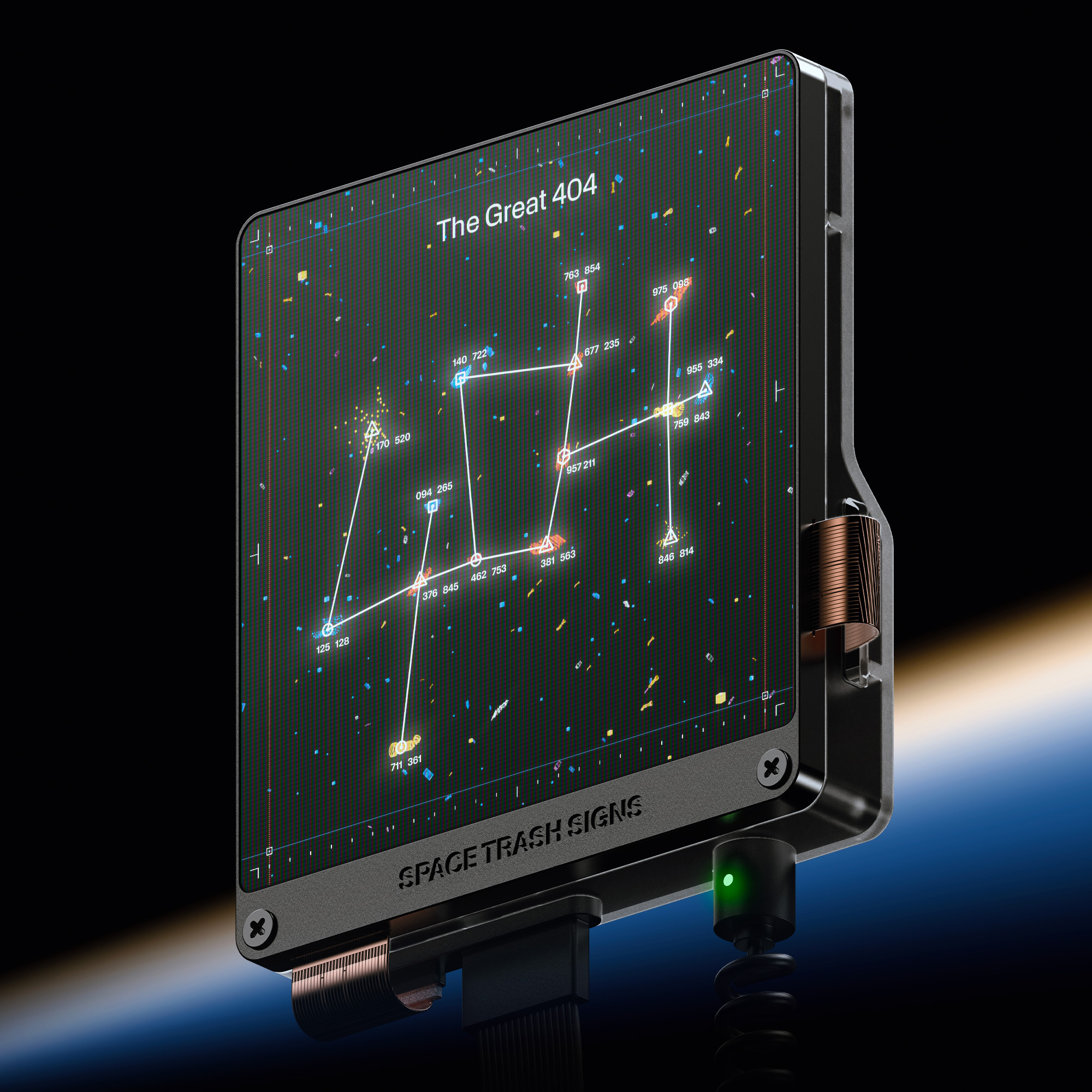 Digital display panel presenting a schematic diagram of space junk orbiting Earth with text and a green light indicator.