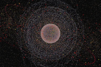 Digital graphic artwork displaying a central spherical cluster surrounded by concentric orbits of particles and dots on a dark background.