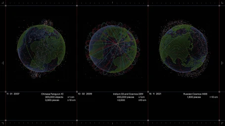 Three dark spherical displays showing Earth surrounded by satellite orbits and space debris against a black background.