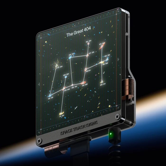 A sleek black electronic device displaying a constellation map against a dark background with a glowing green indicator light