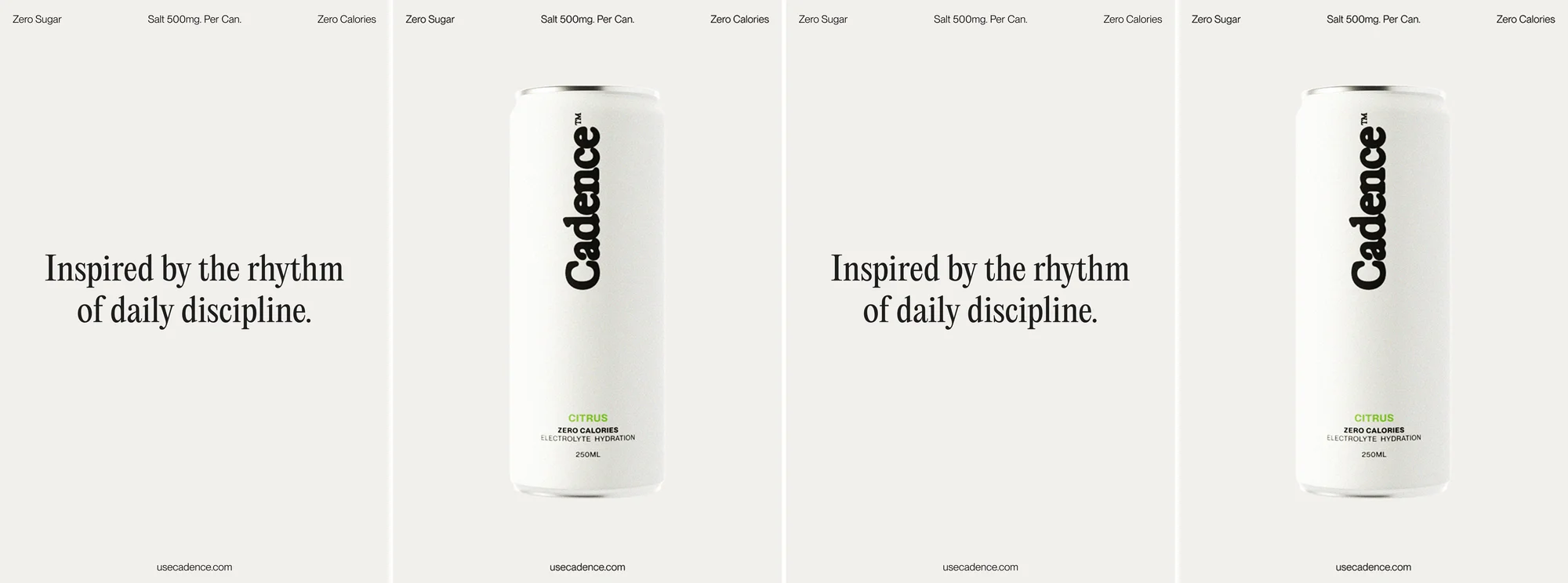 Cadence beverage cans on display against a cream background with lifestyle copy about daily discipline and hydration, product marketing.