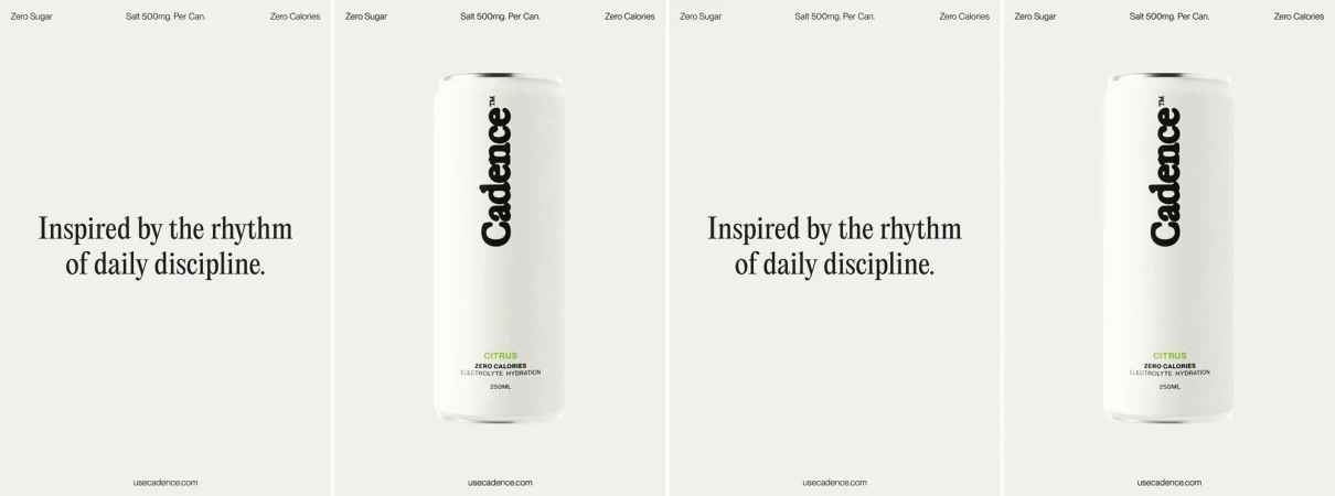 Cadence beverage cans on display against a cream background with lifestyle copy about daily discipline and hydration, product marketing.