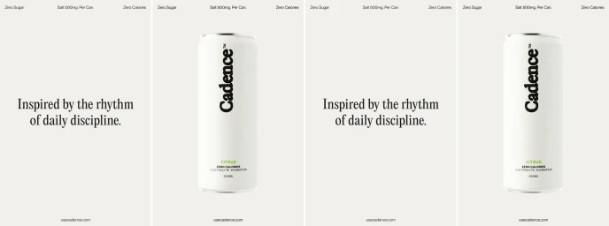 Cadence beverage can mockup against a clean neutral background with minimalist typography and branding elements.