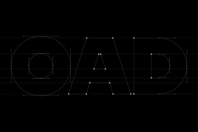 The word 'OAD' is displayed with line art that is white against a dark black background, highlighting geometric shapes and typography.