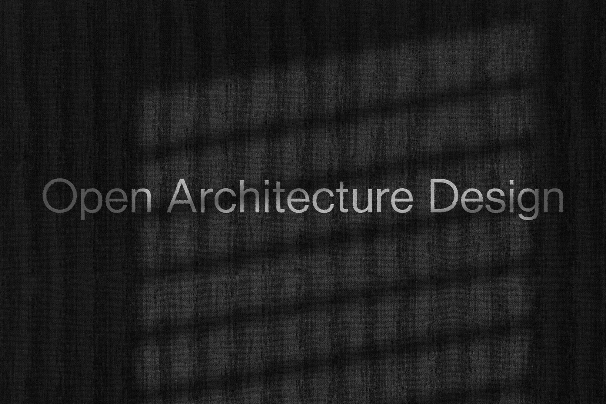 Monochromatic architectural design presentation with strong shadow lines and text overlay on a textured black background.