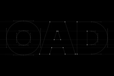 OAD brand identity typography wireframe showing vector anchor points on a dark background