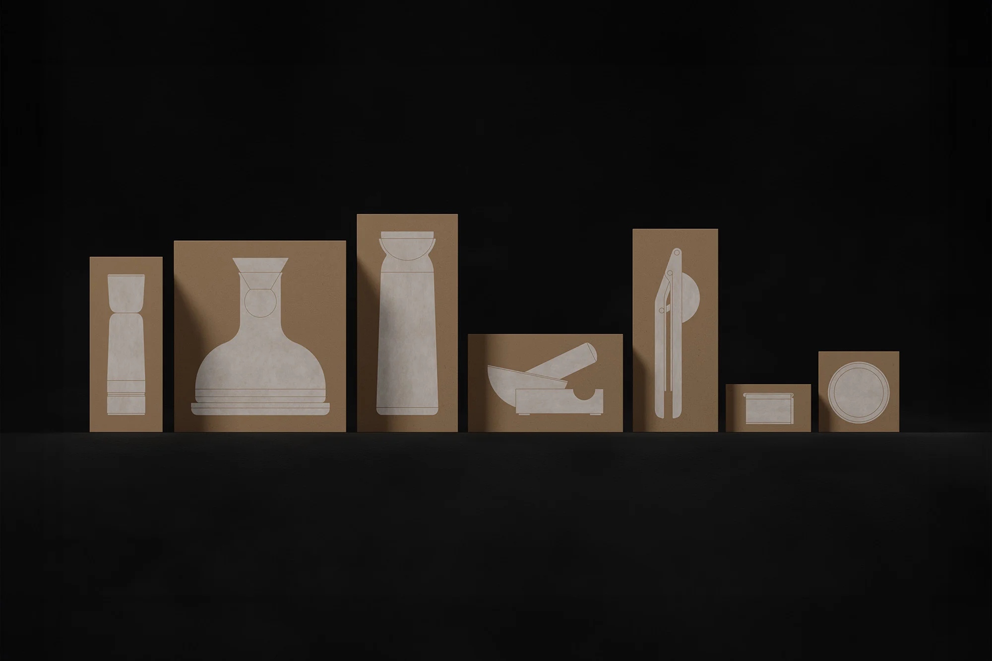 Still life composition featuring minimalist designs of kitchen tools and vessels, set against a dark backdrop for a modern and artistic presentation.