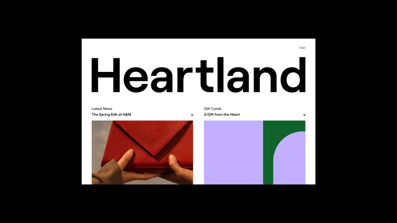 Website design featuring the word Heartland, news and gift card announcements, and images of a red envelope and abstract shapes.