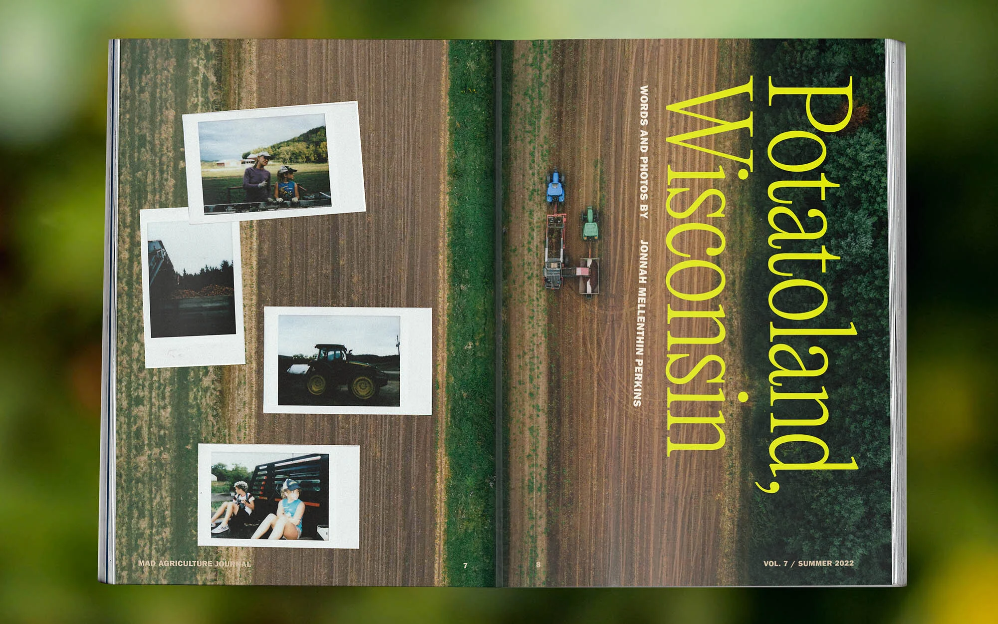 Magazine cover featuring farmland with tractors, aerial view, plus instant-style prints with people, tractors, and landscapes. Text: 'Potatoland, Wisconsin'.