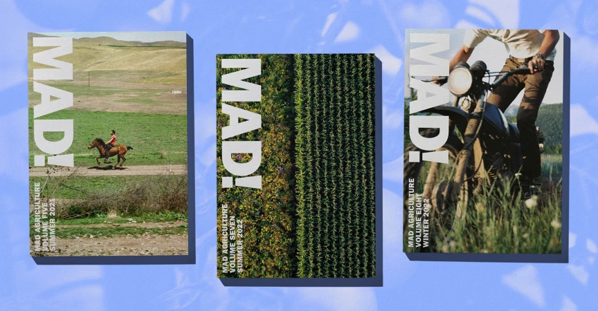 Three magazine covers titled MAD! Agriculture. Each cover features a distinct agricultural scene: a horse rider, cornfield, and motorcyclist.