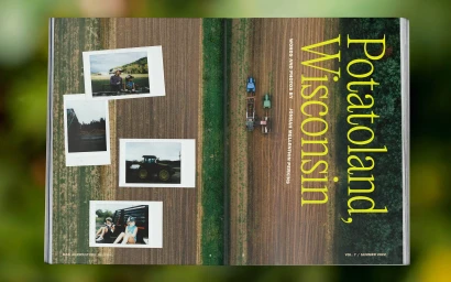 An open magazine spread featuring aerial farm photography and polaroid style prints on agricultural land.