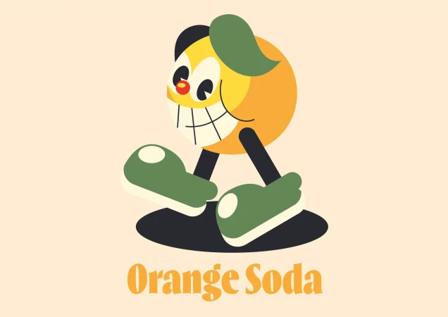 Cartoon style illustration of a happy orange character with leaves, green shoes, and the text "Orange Soda" below.