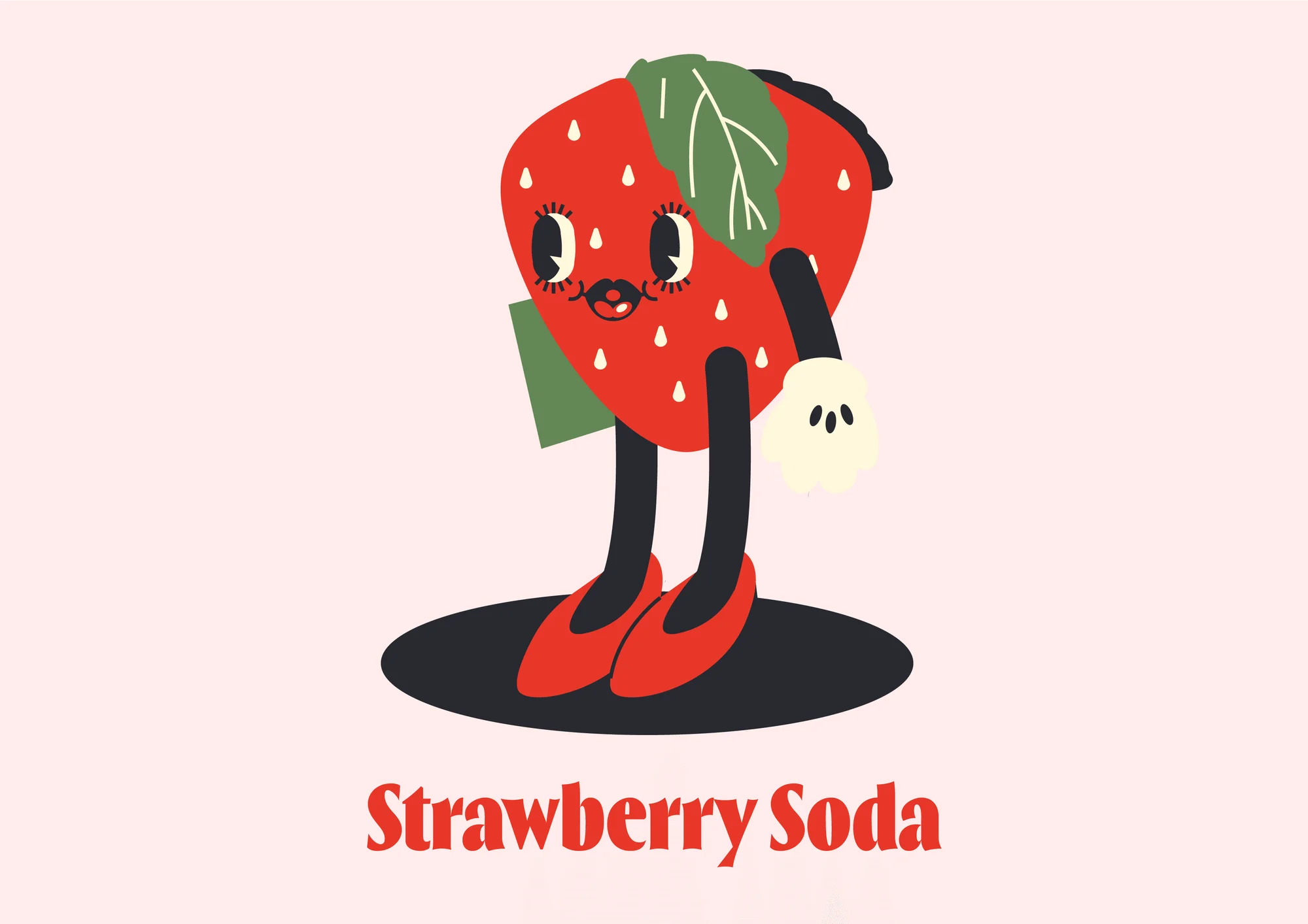 Whimsical anthropomorphic strawberry soda illustration with cartoon features, set against a soft pink background and 'Strawberry Soda' text.