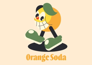 Retro cartoon character of a smiling orange with green shoes walking above the text Orange Soda on cream background