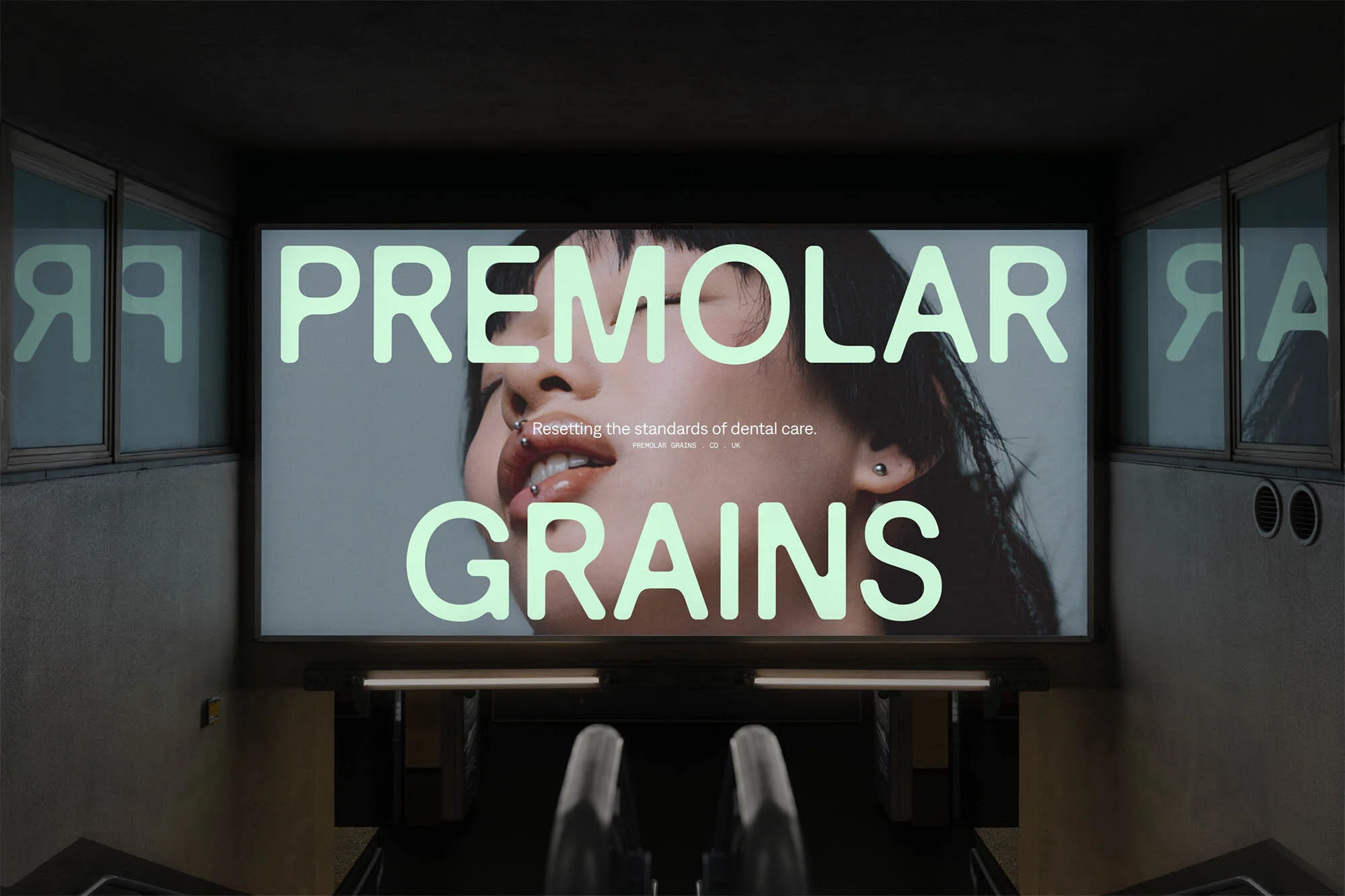 Billboard advertisement of a woman's face with piercings promoting dental care, with the words 'Premolar Grains' displayed prominently.