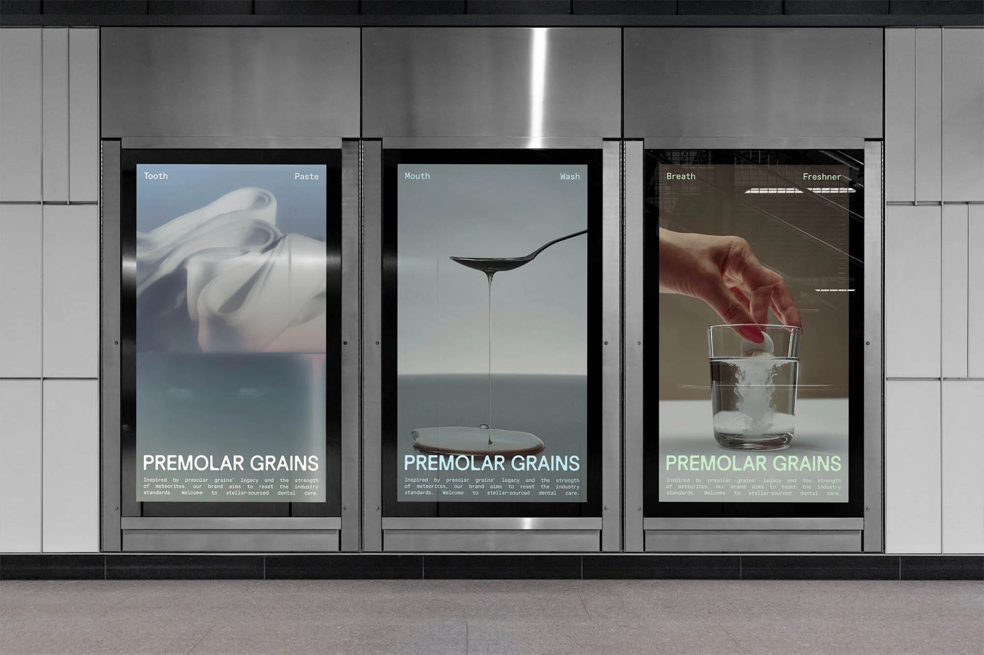 Three digital billboards display dental product ads, showing teeth, mouthwash, and fresh breath concepts with the brand name 'Premolar Grains'.