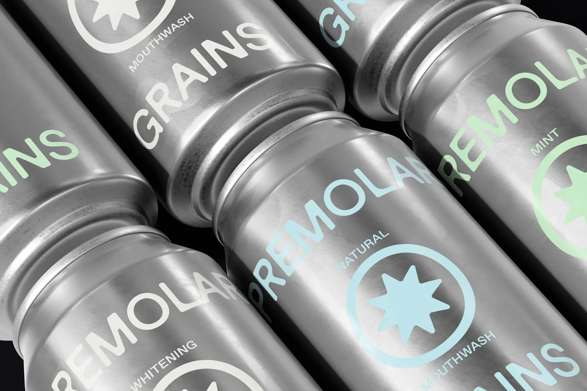 Close-up of silver aluminum cans of mouthwash with product names and branding details. Focus on dental care product presentation.