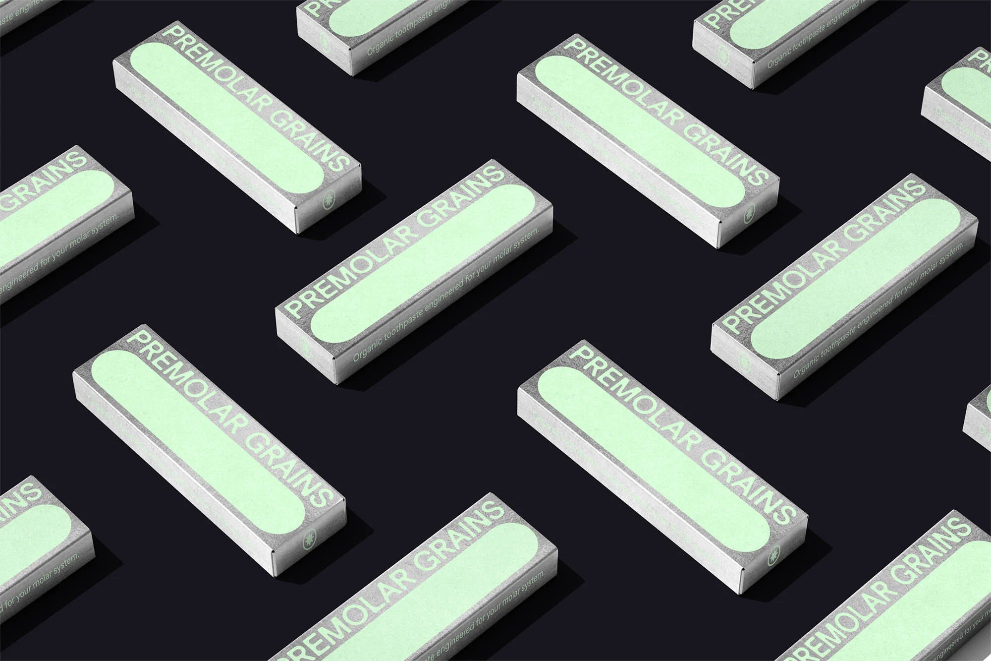 Several boxes of premolar grains are arranged in a patterned layout over a dark background in this product marketing shot.