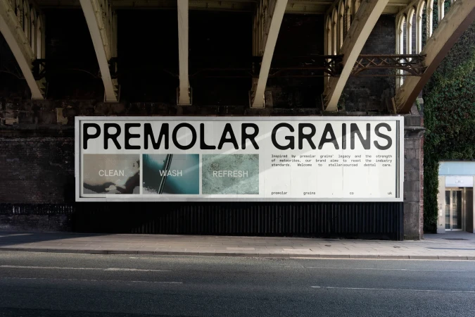 Outdoor advertising billboard promoting Premolar Grains dental care products. Street-level view of a brand advertisement.