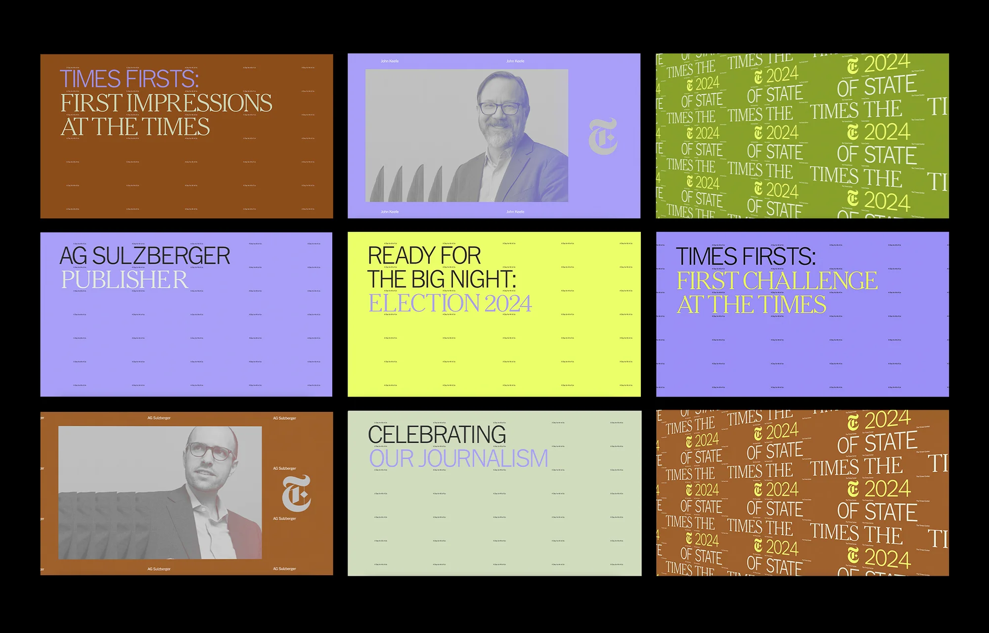 Collection of digital advertisements for The New York Times featuring headlines, portraits, and design elements in graphic presentation.