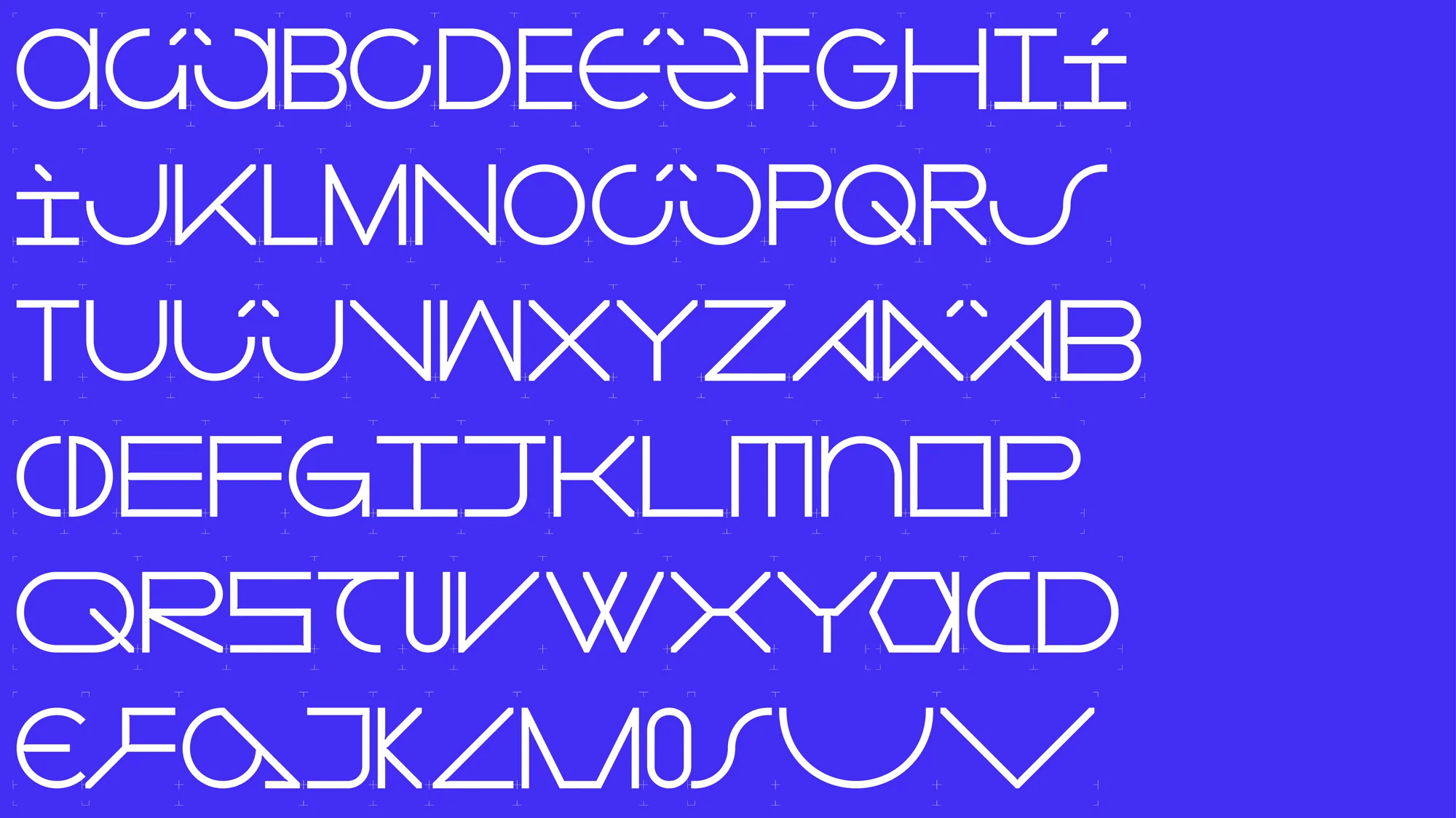 Geometric sans-serif typeface showcasing uppercase and lowercase letters with a modern, minimalist design on a purple background.