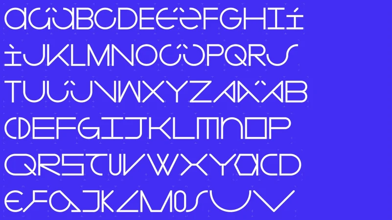 Geometric sans-serif typeface showcasing uppercase and lowercase letters with a modern, minimalist design on a purple background.