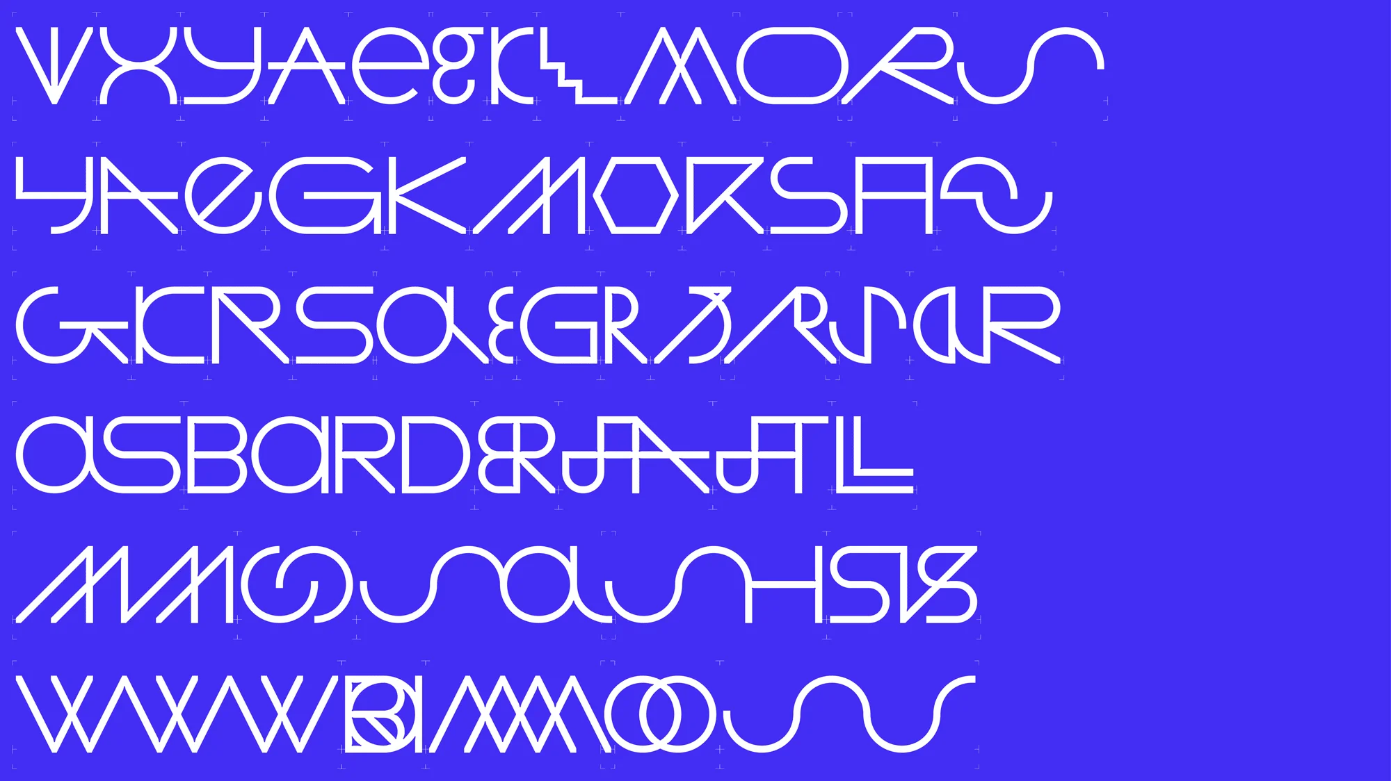 Graphic design featuring an abstract alphabet, with white stylized letters on a solid blue background, creating a modern, artistic visual.