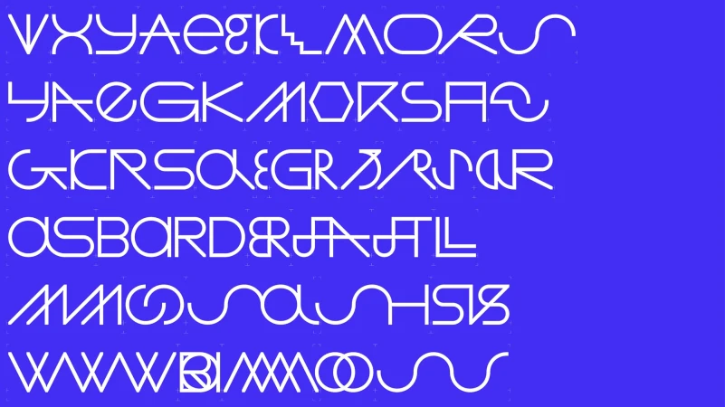 Graphic design featuring an abstract alphabet, with white stylized letters on a solid blue background, creating a modern, artistic visual.