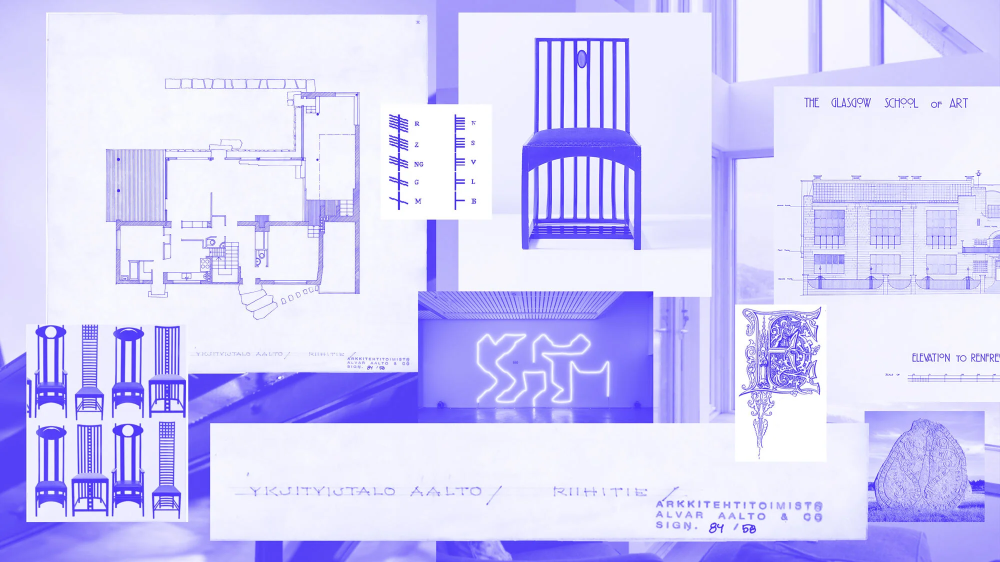 Architectural blueprint collage showcasing building plans, chair designs, and art school elevations in shades of blue and white.