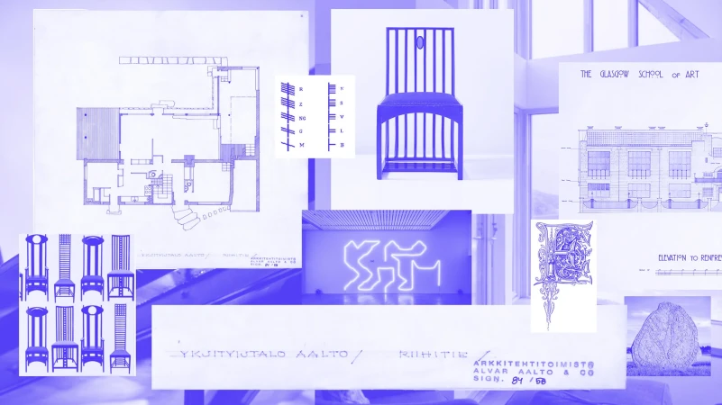Architectural blueprint collage showcasing building plans, chair designs, and art school elevations in shades of blue and white.