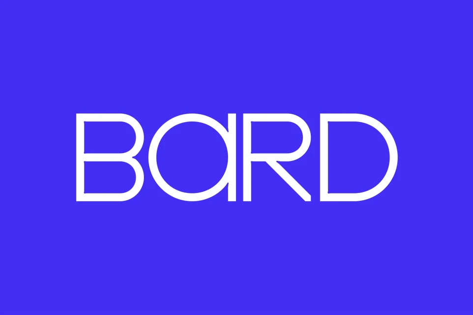 White outlined text "BARD" on a blue background, displaying a modern and minimalist logo design.