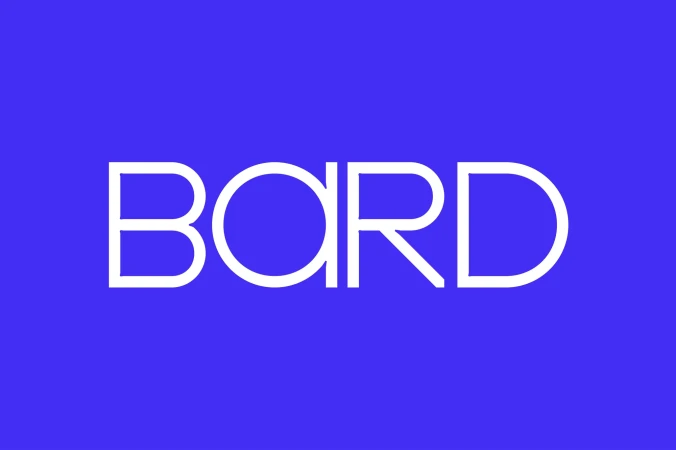 White outlined text "BARD" on a blue background, displaying a modern and minimalist logo design.