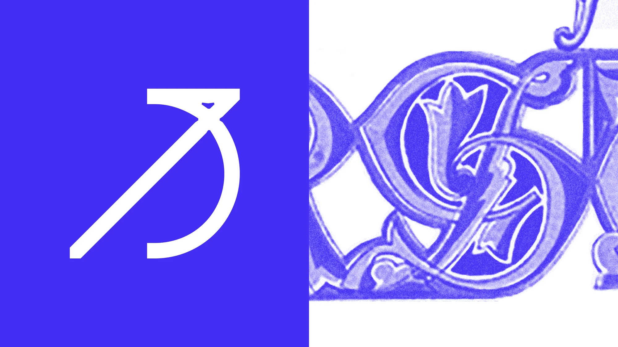 Abstract graphic art featuring a white geometric symbol against a solid blue background and an elaborate blue flourish design.