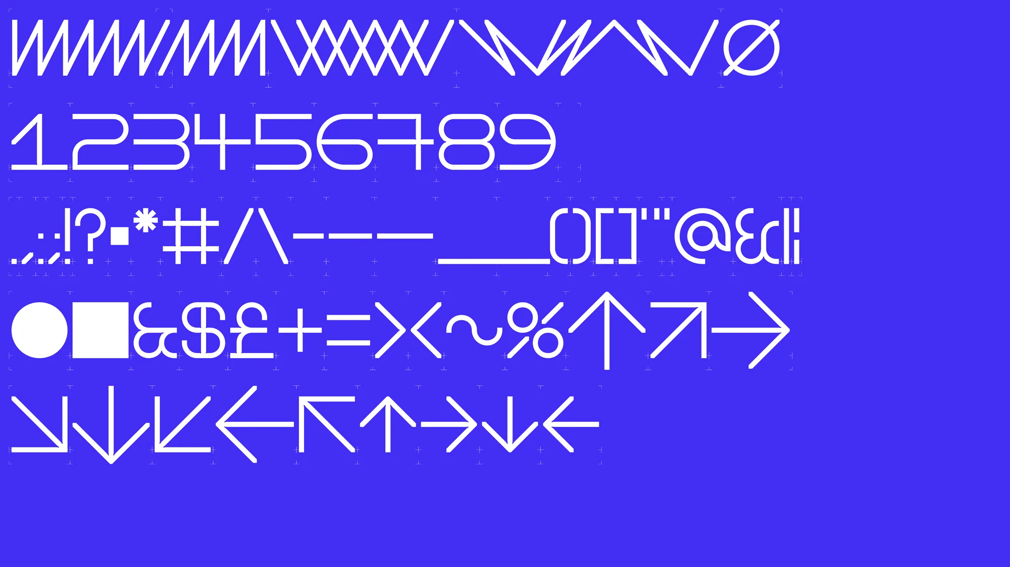 Graphic design typography featuring a display of white geometric letters, numbers, symbols, and arrows on a blue background.