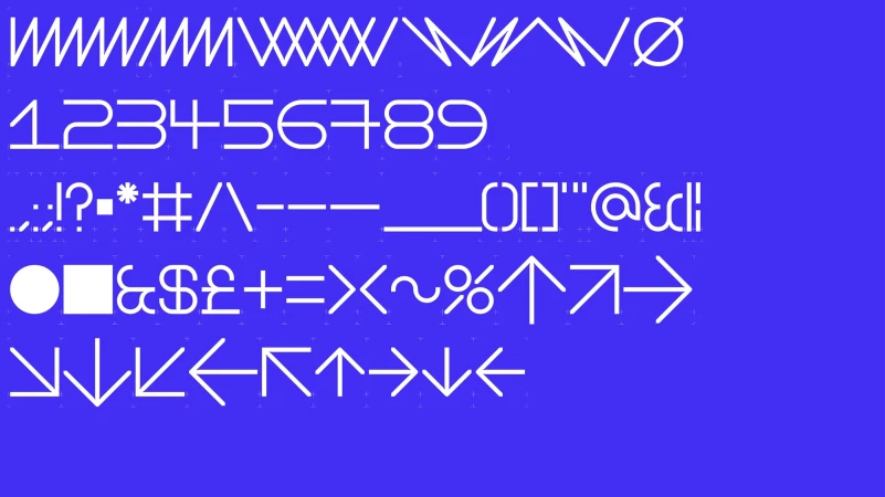 Graphic design typography featuring a display of white geometric letters, numbers, symbols, and arrows on a blue background.