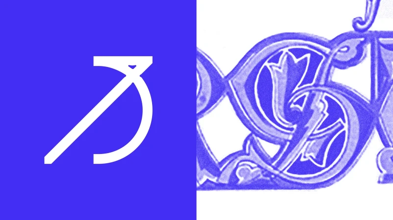 Split composition featuring a white minimalist typographic letter mark on a bold blue background alongside an intricate blue vintage engraving pattern.