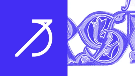 Split composition featuring a white minimalist typographic letter mark on a bold blue background alongside an intricate blue vintage engraving pattern.