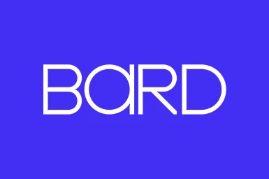 White uppercase sans-serif typography spelling BARD centered on a solid blue background