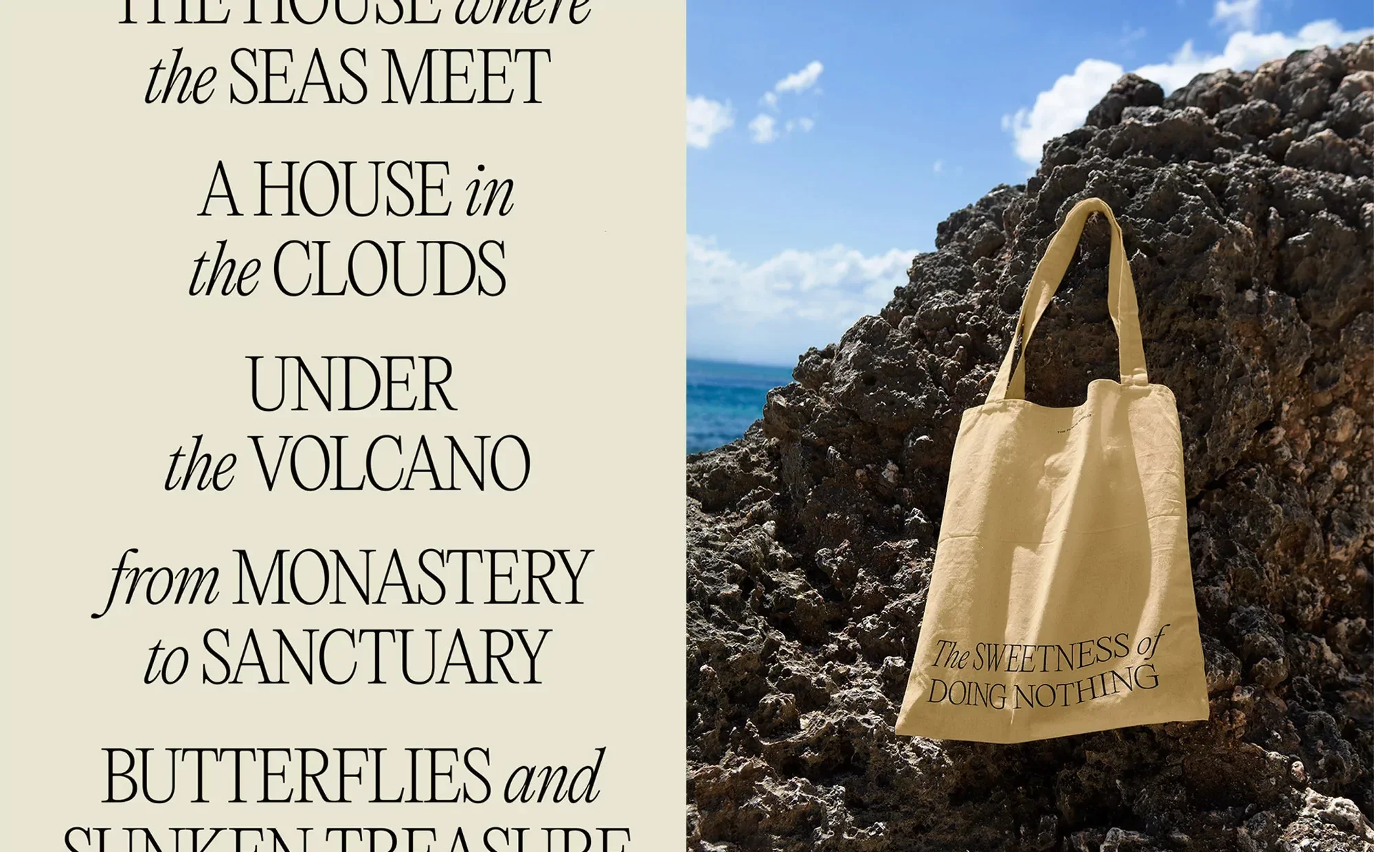 Beige tote bag hanging on dark coastal rock with ocean and cloudy sky in background next to typographic text panel.