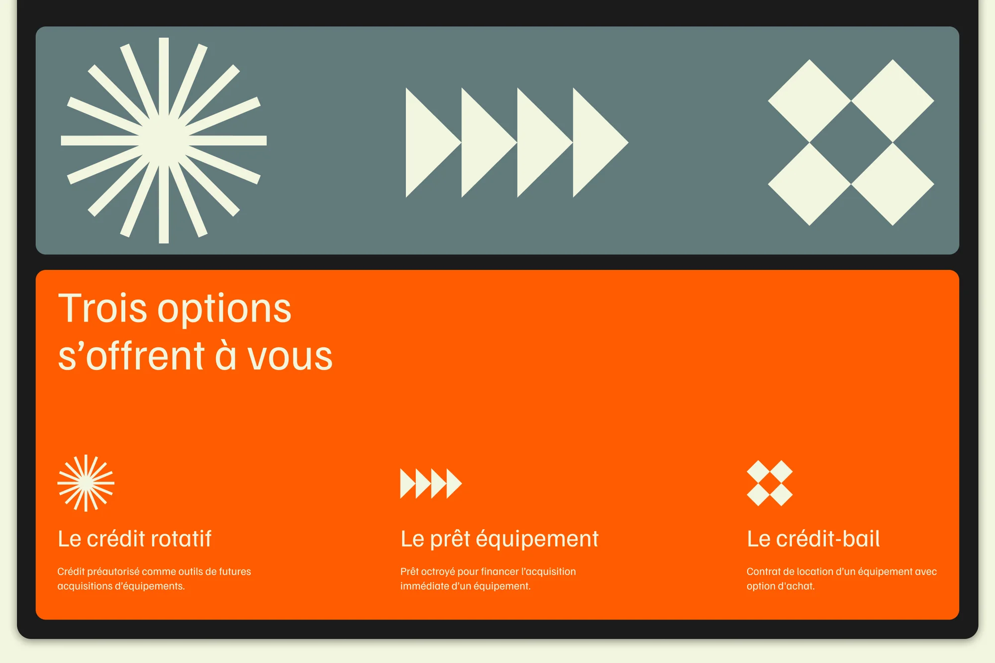 Infographic in French displays three credit options with stylized sun, arrow, and diamond icons, set against orange and grey panels.